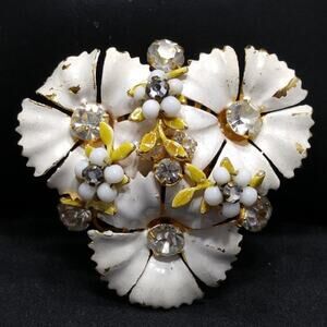 Vintage White Enamel Floral Brooch, Clear Rhinestones, Gold Plated Backing, 2 In